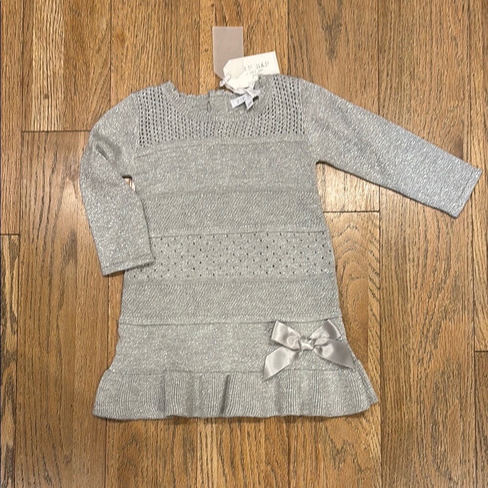 Chic Silver Knit Dress with Bow Accent